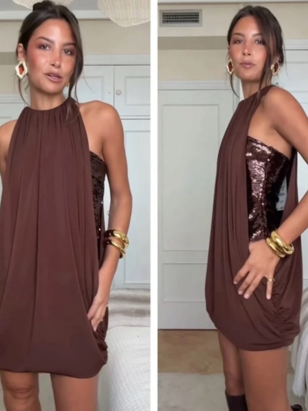 Zara Brown Halter Mini Dress with Sequin Side Panels